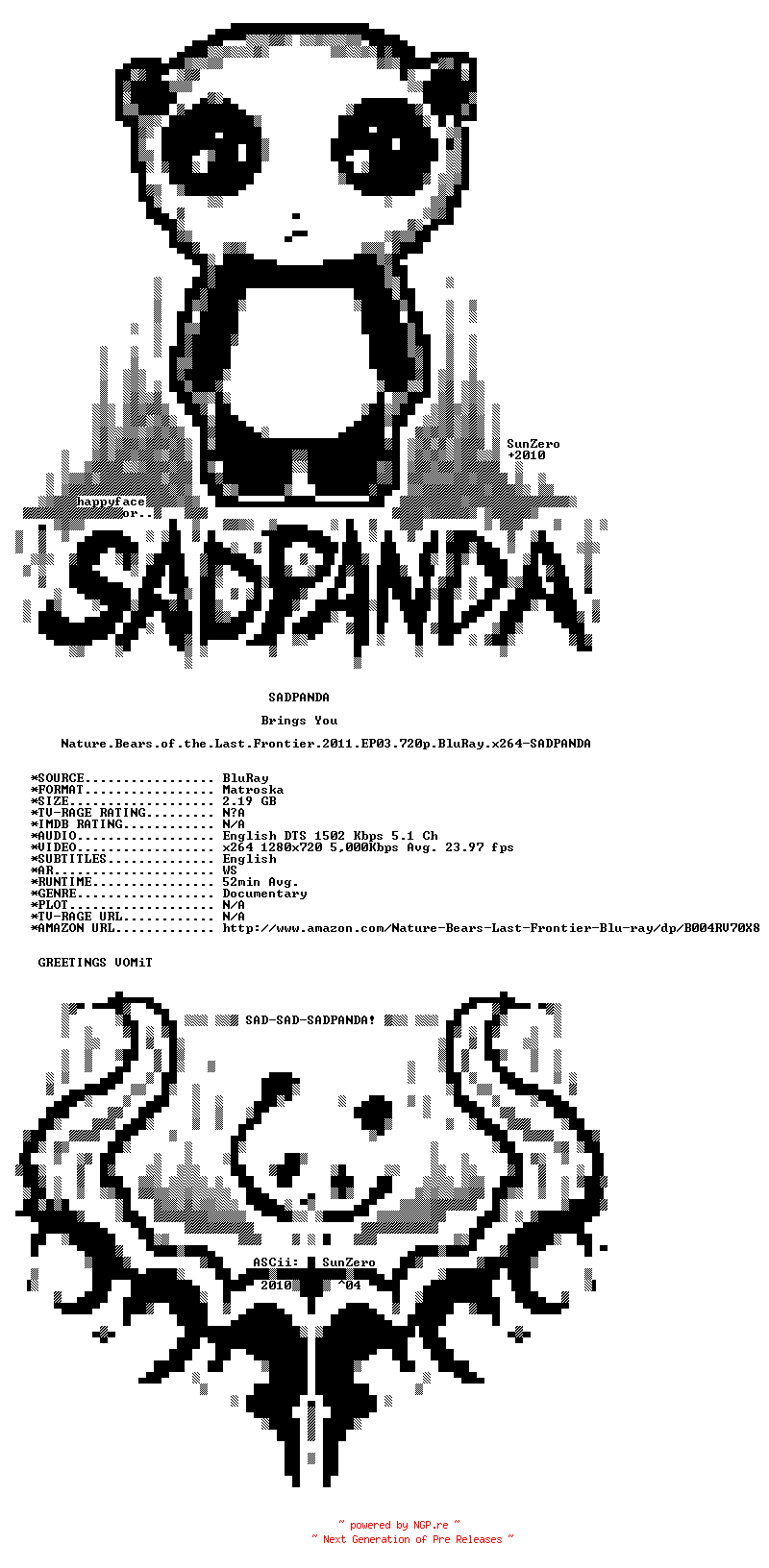 NFO for the release Nature.Bears.of.the.Last.Frontier.2011.EP03.720p.BluRay.x264-SADPANDA by SADPANDA