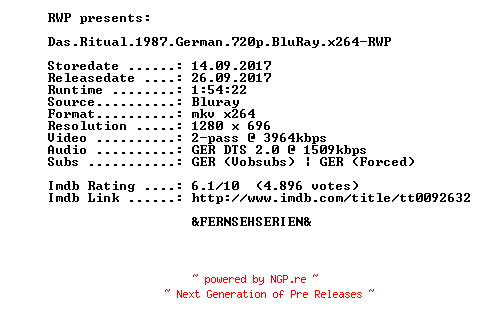 NFO for the release Das.Ritual.1987.German.720p.BluRay.x264-RWP by RWP