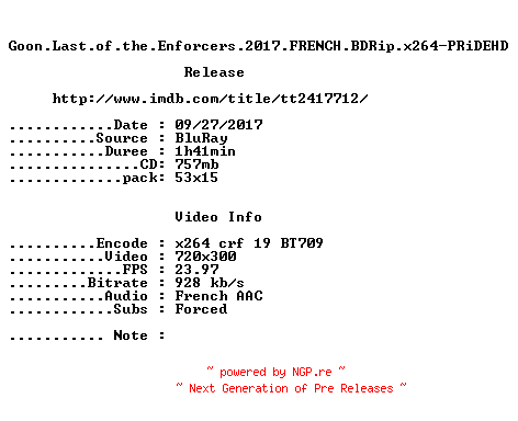 NFO for the release Goon.Last.of.the.Enforcers.2017.FRENCH.BDRip.x264-PRiDEHD by PRiDEHD