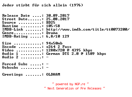 NFO for the release Jeder.stirbt.fuer.sich.allein.1976.German.720p.BluRay.x264-SPiCY by SPiCY
