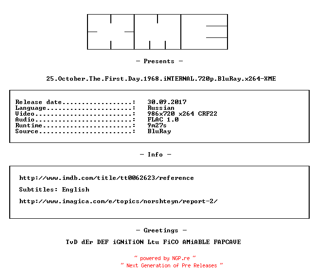 NFO for the release 25.October.The.First.Day.1968.iNTERNAL.720p.BluRay.x264-XME by XME
