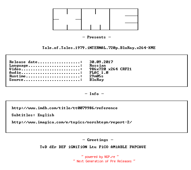 NFO for the release Tale.of.Tales.1979.iNTERNAL.720p.BluRay.x264-XME by XME