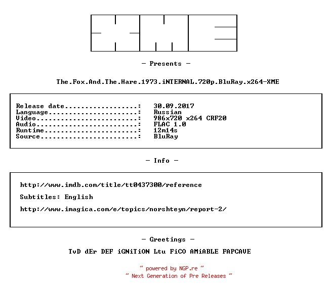 NFO for the release The.Fox.And.The.Hare.1973.iNTERNAL.720p.BluRay.x264-XME by XME