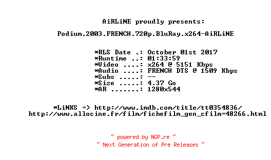 NFO for the release Podium.2003.FRENCH.720p.BluRay.x264-AiRLiNE by AiRLiNE