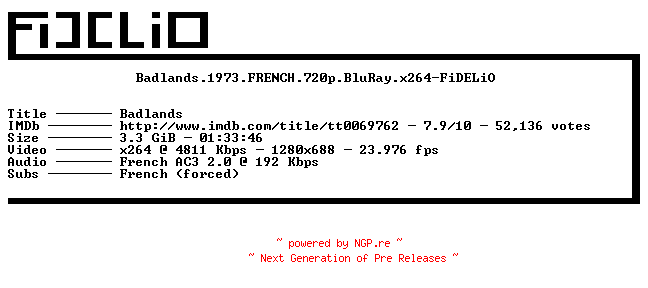NFO for the release Badlands.1973.FRENCH.720p.BluRay.x264-FiDELiO by FiDELiO