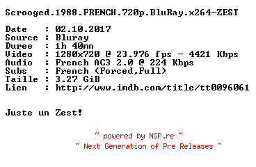 NFO for the release Scrooged.1988.FRENCH.720p.BluRay.x264-ZEST by ZEST