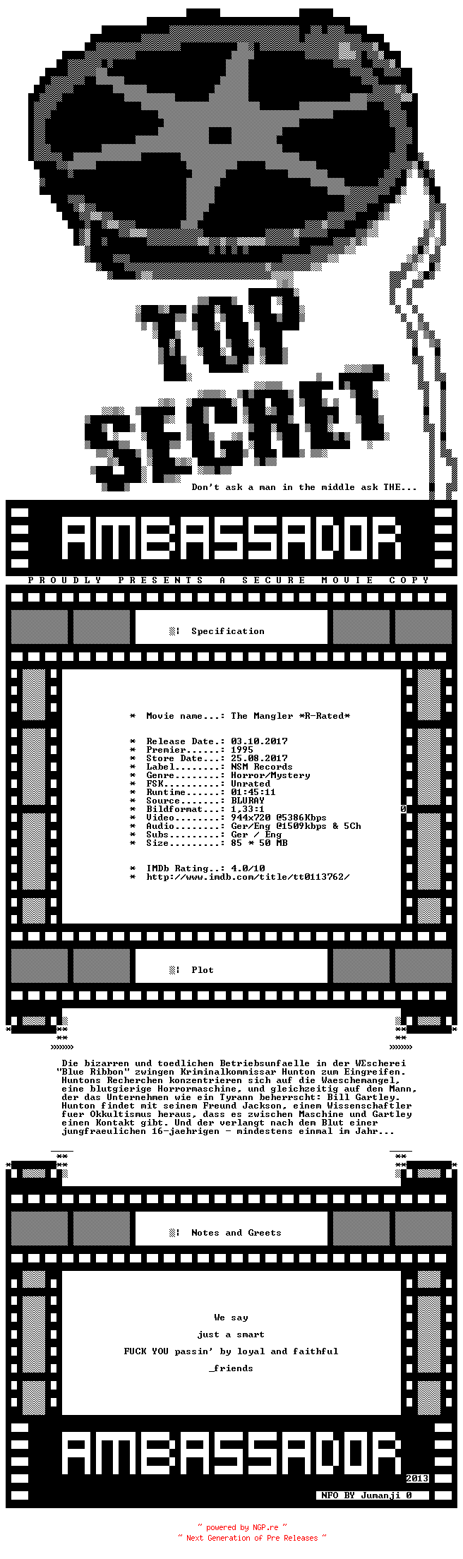 NFO for the release The.Mangler.GERMAN.1995.DL.720P.BLURAY.X264-AMBASSADOR by AMBASSADOR