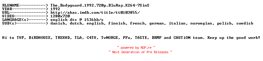 NFO for the release The.Bodyguard.1992.720p.BluRay.X264-7SinS by 7SinS