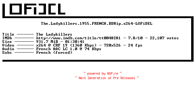 NFO for the release The.Ladykillers.1955.FRENCH.BDRip.x264-LOFiDEL by LOFiDEL