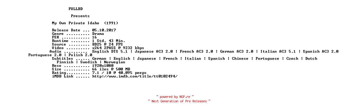 NFO for the release My.Own.Private.Idaho.1991.MULTi.BLURAY.COMPLETE-FULLBD by FULLBD