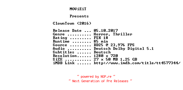 NFO for the release ClownTown.2016.German.720p.BluRay.x264-MOViEiT by MOViEiT