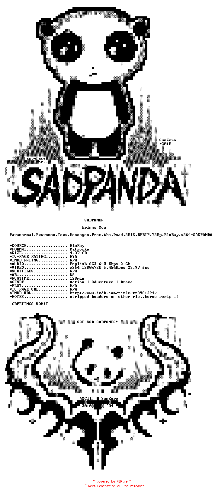NFO for the release Paranormal.Extremes.Text.Messages.From.the.Dead.2015.RERIP.720p.BluRay.x264-SADPANDA by SADPANDA
