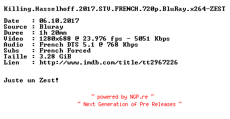 NFO for the release Killing.Hasselhoff.2017.STV.FRENCH.720p.BluRay.x264-ZEST by ZEST