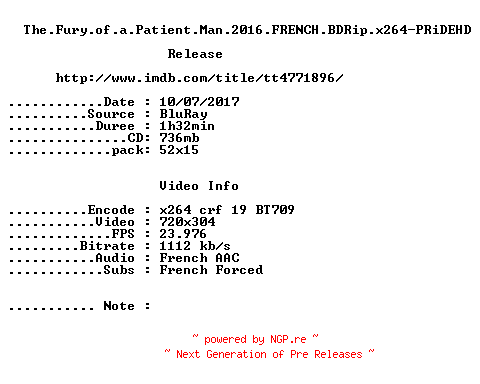 NFO for the release The.Fury.of.a.Patient.Man.2016.FRENCH.BDRip.x264-PRiDEHD by PRiDEHD