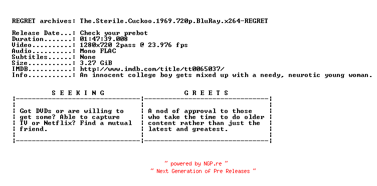 NFO for the release The.Sterile.Cuckoo.1969.720p.BluRay.x264-REGRET by REGRET
