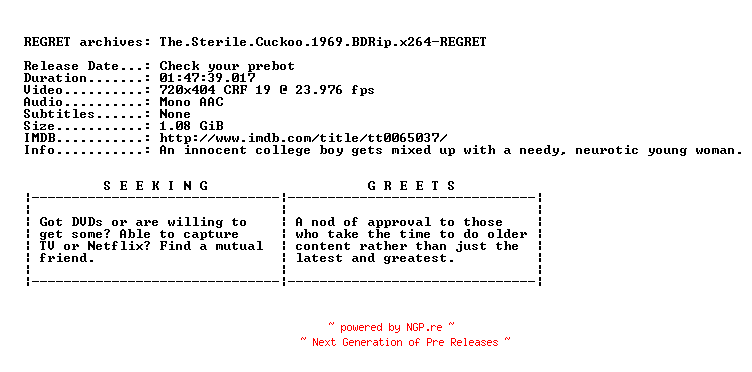 NFO for the release The.Sterile.Cuckoo.1969.BDRip.x264-REGRET by REGRET