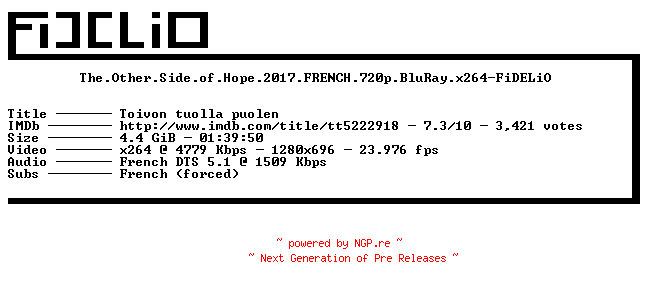 NFO for the release The.Other.Side.of.Hope.2017.FRENCH.720p.BluRay.x264-FiDELiO by FiDELiO