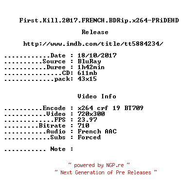 NFO for the release First.Kill.2017.FRENCH.BDRip.x264-PRiDEHD by PRiDEHD