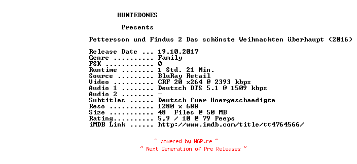 NFO for the release Pettersson.Und.Findus.2.Das.Schoenste.Weihnachten.Ueberhaupt.2016.German.720p.BluRay.x264-HUNTEDONES by HUNTEDONES