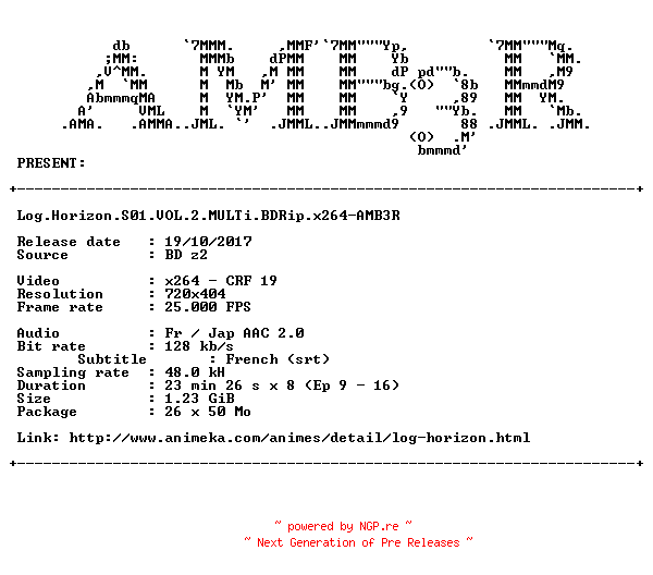 NFO for the release Log.Horizon.S01.VOL.2.MULTi.BDRip.x264-AMB3R by AMB3R