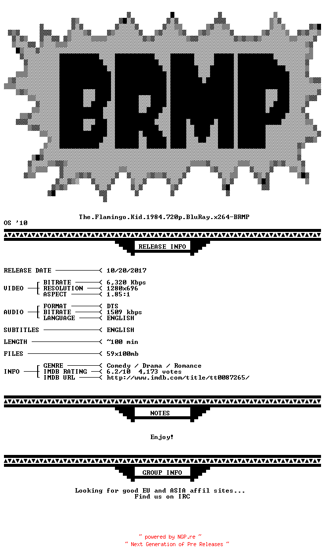 NFO for the release The.Flamingo.Kid.1984.720p.BluRay.x264-BRMP by BRMP