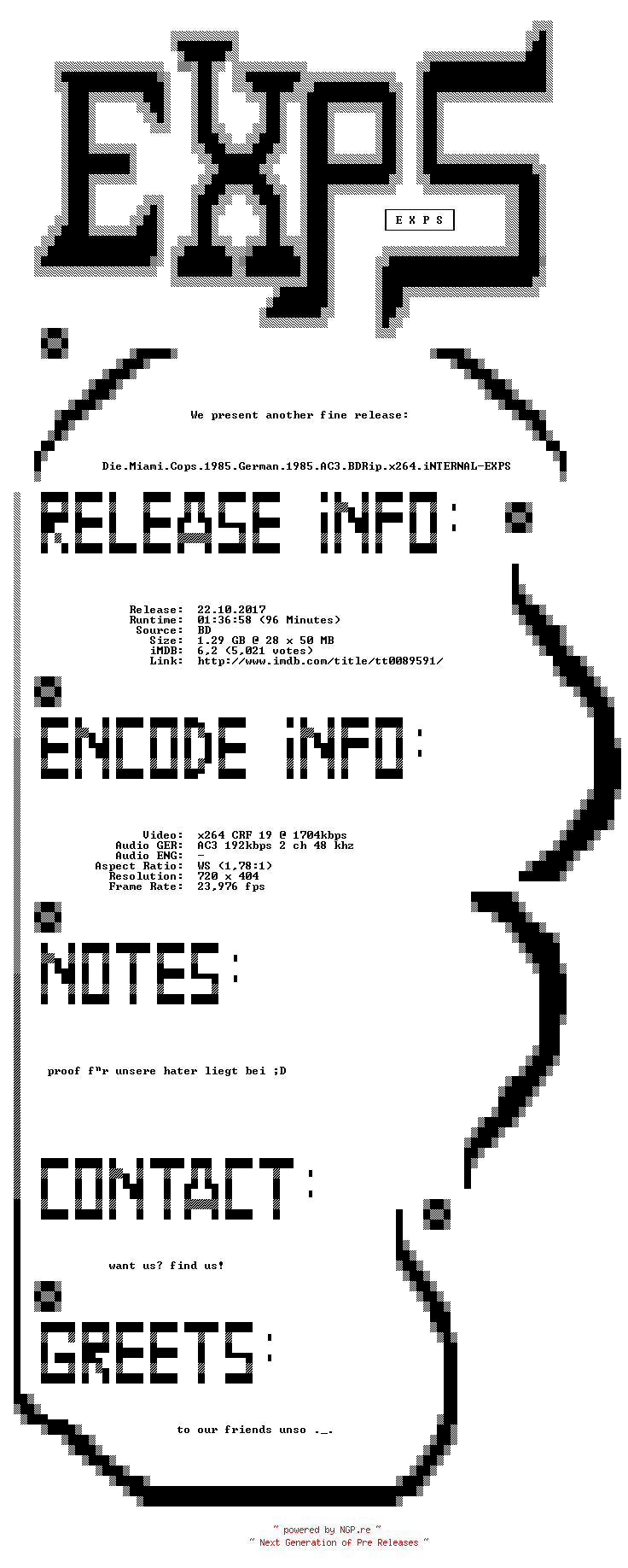 NFO for the release Die.Miami.Cops.German.1985.AC3.BDRip.x264.iNTERNAL-EXPS by EXPS