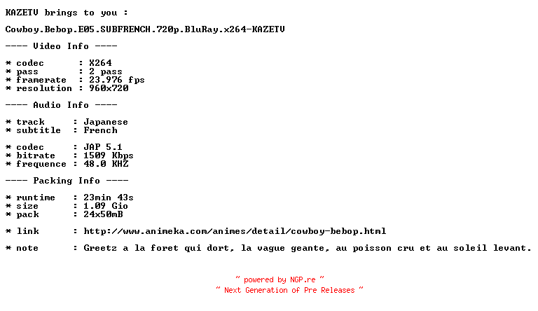 NFO for the release Cowboy.Bebop.E05.SUBFRENCH.720p.BluRay.x264-KAZETV by KAZETV