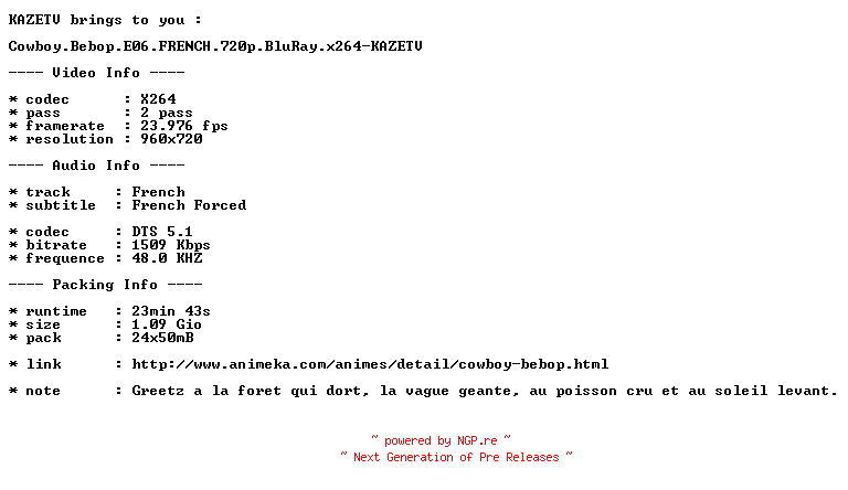 NFO for the release Cowboy.Bebop.E06.FRENCH.720p.BluRay.x264-KAZETV by KAZETV