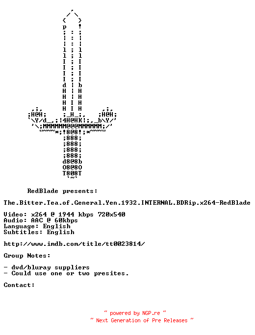 NFO for the release The.Bitter.Tea.of.General.Yen.1932.INTERNAL.BDRip.x264-RedBlade by RedBlade
