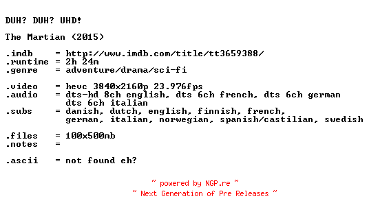 NFO for the release The.Martian.2015.COMPLETE.UHD.BLURAY-DUH by DUH