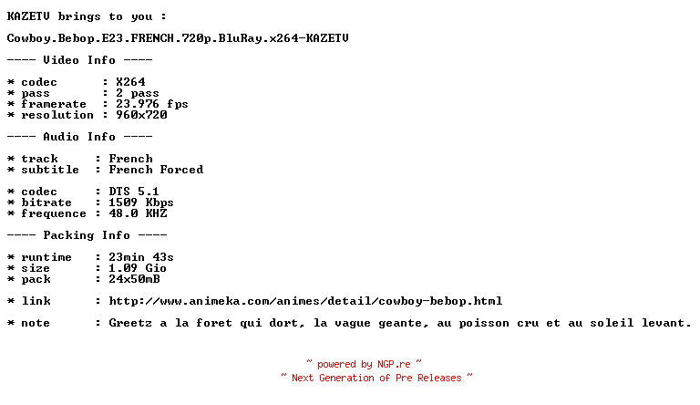 NFO for the release Cowboy.Bebop.E23.FRENCH.720p.BluRay.x264-KAZETV by KAZETV