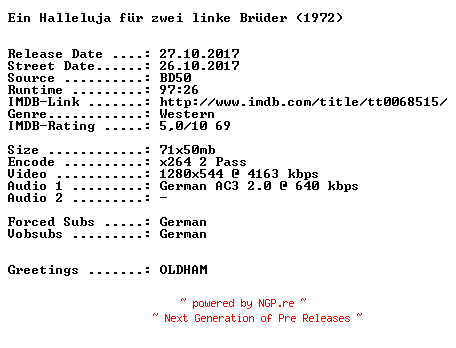 NFO for the release Ein.Halleluja.fuer.zwei.linke.Brueder.1972.German.720p.BluRay.x264-SPiCY by SPiCY