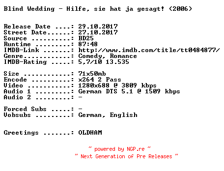 NFO for the release Blind.Wedding.Hilfe.sie.hat.ja.gesagt.2006.German.720p.BluRay.x264-SPiCY by SPiCY