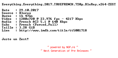 NFO for the release Everything.Everything.2017.TRUEFRENCH.720p.BluRay.x264-ZEST by ZEST