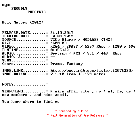 NFO for the release Holy.Motors.2012.German.AC3D.720p.BluRay.x264-HQOD by HQOD