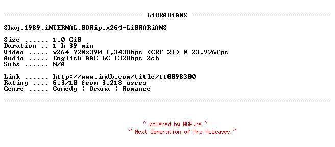 NFO for the release Shag.1989.iNTERNAL.BDRip.x264-LiBRARiANS by LiBRARiANS