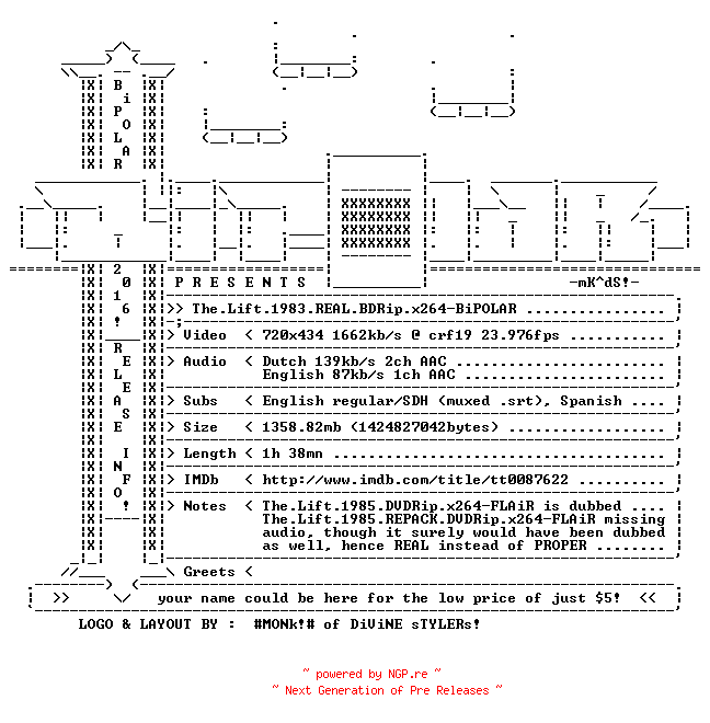 NFO for the release The.Lift.1983.REAL.BDRip.x264-BiPOLAR by BiPOLAR