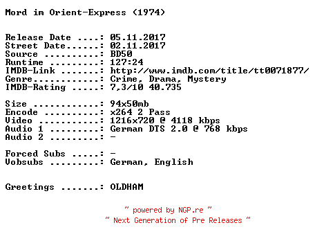 NFO for the release Mord.im.Orient.Express.1974.German.720p.BluRay.x264-SPiCY by SPiCY