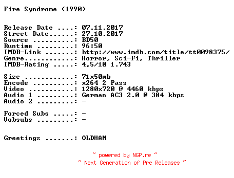 NFO for the release Fire.Syndrome.1990.German.720p.BluRay.x264-SPiCY by SPiCY