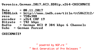 NFO for the release Veronica.German.2017.AC3.BDRip.x264-CHECKMATE by CHECKMATE