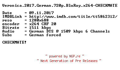 NFO for the release Veronica.2017.German.720p.BluRay.x264-CHECKMATE by CHECKMATE