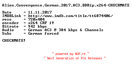 NFO for the release Alien.Convergence.German.2017.AC3.BDRip.x264-CHECKMATE by CHECKMATE
