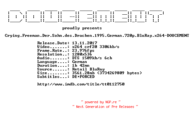 NFO for the release Crying.Freeman.Der.Sohn.des.Drachen.1995.German.720p.BluRay.x264-DOUCEMENT by DOUCEMENT
