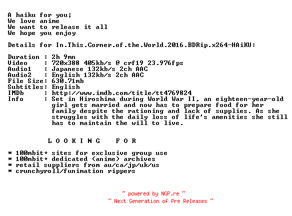 NFO for the release In.This.Corner.of.the.World.2016.BDRip.x264-HAiKU by HAiKU