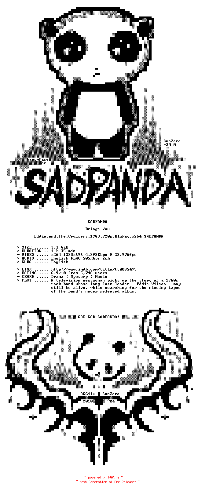 NFO for the release Eddie.and.the.Cruisers.1983.720p.BluRay.x264-SADPANDA by SADPANDA