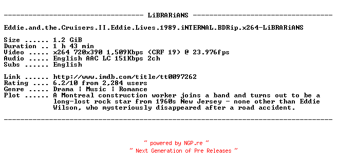 NFO for the release Eddie.and.the.Cruisers.II.Eddie.Lives.1989.iNTERNAL.BDRip.x264-LiBRARiANS by LiBRARiANS