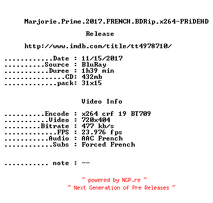 NFO for the release Marjorie.Prime.2017.FRENCH.BDRip.x264-PRiDEHD by PRiDEHD