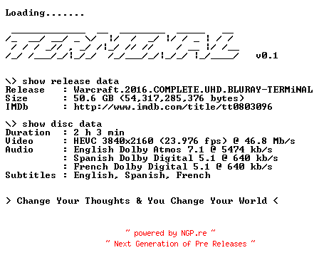 NFO for the release Warcraft.2016.COMPLETE.UHD.BLURAY-TERMiNAL by TERMiNAL