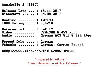 NFO for the release Annabelle.2.German.2017.AC3.BDRip.x264-COiNCiDENCE by COiNCiDENCE