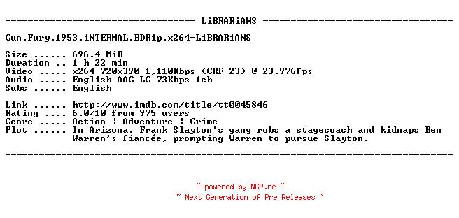 NFO for the release Gun.Fury.1953.iNTERNAL.BDRip.x264-LiBRARiANS by LiBRARiANS